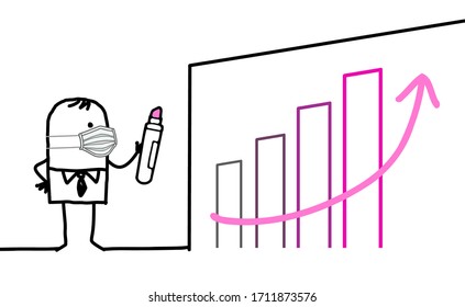 hand drawn Cartoon businessman with protection mask drawing an optimistic pink chart on a wall