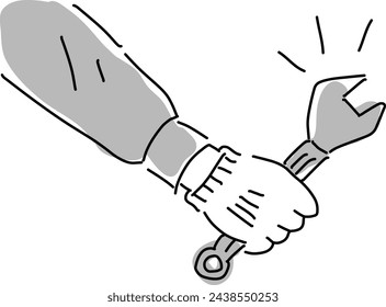 Hand drawn cartoon of a businessman's hand holding a spanner.
