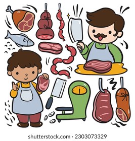 Hand drawn cartoon butcher and meat