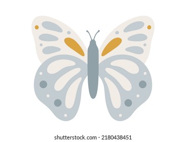 Hand drawn cartoon butterfly. Cute forest creature isolated on white background. Abstract woodland insect in flat style. Childish vector illustration for holiday design