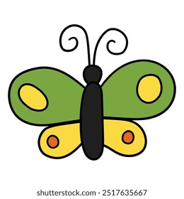 Mariposa dibujada a mano de dibujos animados aislada sobre fondo blanco. Ilustración vectorial.