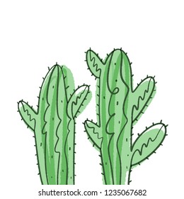 Hand drawn cartoon cacti art. Vector Illustration.