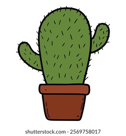 Hand drawn cartoon cactus in pot isolated on white background. Vector illustration.