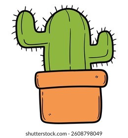 Hand drawn cartoon cactus in pot isolated on white background. Vector illustration.