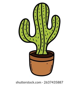 Hand drawn cartoon cactus in pot isolated on white background. Vector illustration.
