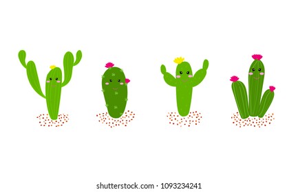 Hand drawn cartoon cactus set with flowers. Cactus collections flat style design vector illustration on white background. Element design, can be used for cards.



