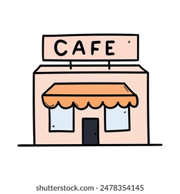 Hand drawn cartoon cafe or cafeteria isolated on white background. Vector illustration.