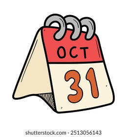 Hand drawn cartoon calendar, october 31, halloween isolated on white background. Vector illustration.