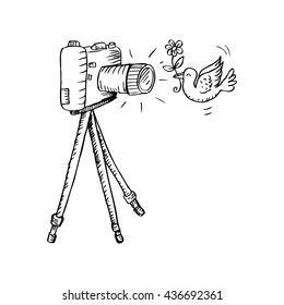 Hand drawn cartoon camera on tripod with bird in action.