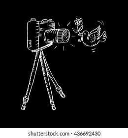 Hand drawn cartoon camera on tripod with bird in action.