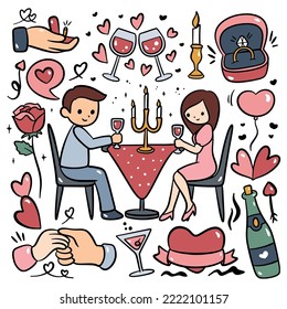 hand drawn cartoon candle light dinner couple, marriage proposal, romantic element