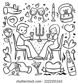 hand drawn cartoon candle light dinner couple, marriage proposal, romantic element, line art coloring