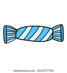 Hand drawn cartoon candy in a blue striped wrapper isolated on a white background. Vector illustration.