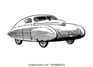 Hand drawn cartoon car sketch. Car abstract vector design. View of hand drawn car model with number 14. Streamlined racing car. Isolated on white background. Line art vector illustration. For print.