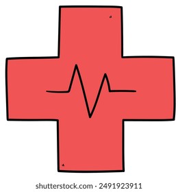 Hand drawn cartoon cardiogram in red cross isolated on white background. Vector illustration.