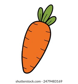 Hand drawn cartoon carrot with green leaves isolated on white background. Vector illustration.