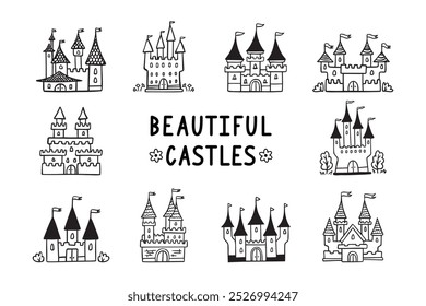 Hand drawn cartoon castle icons set. Doodle outline fairytale castle for princess, magic kingdom. Vector illustration