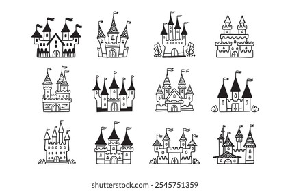 Hand drawn cartoon castle icons set. Doodle outline fairytale castle for princess, magic kingdom. Vector illustration