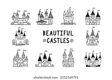 Hand drawn cartoon castle icons set. Doodle outline fairytale castle for princess, magic kingdom. Vector illustration