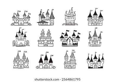 Hand drawn cartoon castle icons set. Doodle outline fairytale castle for princess, magic kingdom. Vector illustration