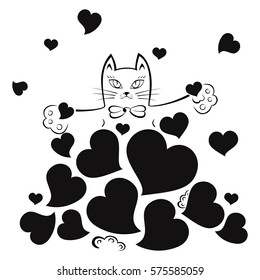 Hand drawn cartoon cat with hearts isolated on white background.
