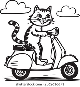 Hand drawn cartoon cat riding a motorbike vector illustration. Black and white outline coloring book or page for children