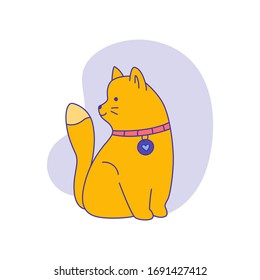 Hand drawn cartoon cat vector icon on isolated background . Cute flat ginger cat with a collar sits and looks to the side on an abstract spot background