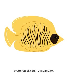 Hand drawn cartoon chaetodon. Vector illustration of tropical butterfly fish in doodle style. Suitable for decoration, sticker design