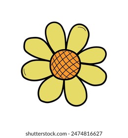 Hand drawn cartoon chamomile flower isolated on white background. Vector illustration.