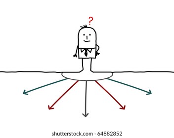 hand drawn cartoon character - businessman choosing direction