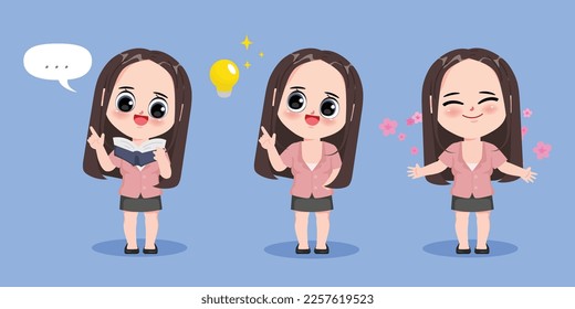 Hand drawn cartoon character businesswoman gesture pose set. Vector character animated.