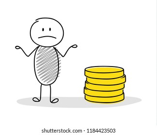 Hand drawn cartoon character with decreasing coin stack. Vector.