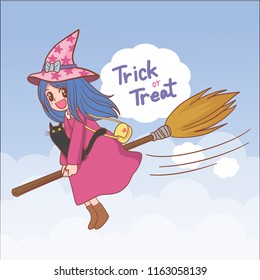 hand drawn cartoon character halloween witch and black cat flying on broom