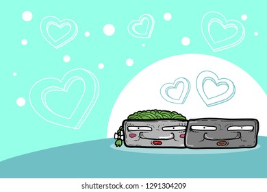 Hand drawn cartoon character head stone love concept