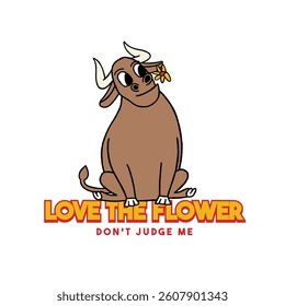 Hand drawn cartoon character illustration of bull love flower
