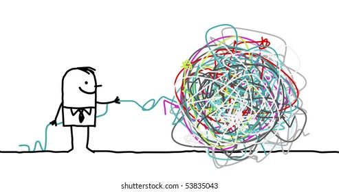 hand drawn cartoon character - man untangling a knot