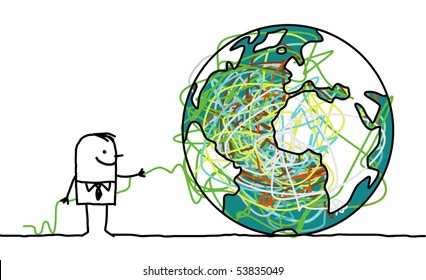 hand drawn cartoon character - man untangling the earth