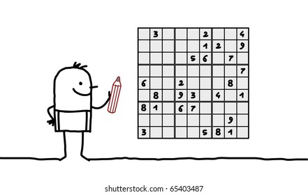 hand drawn cartoon character - man & sudoku