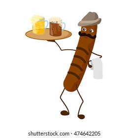 Hand drawn cartoon character. Sausage waiter with light and dark beer on the tray. On the sausage head is a hat. It can be used for beer festivals.