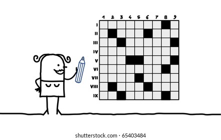 hand drawn cartoon character - woman & crosswords