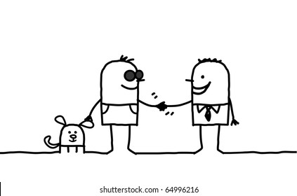 Hand Drawn Cartoon Characters - Blind Man Shaking Hand With Friendly People