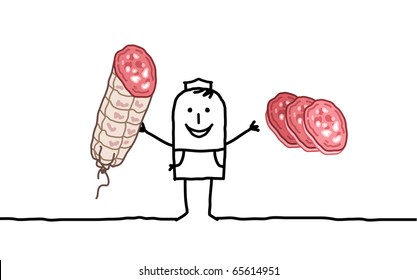 hand drawn cartoon characters - butcher & sausage