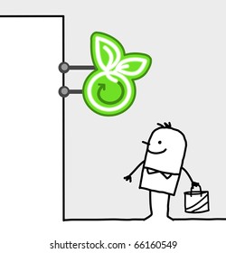 personajes de caricatura dibujados a mano - signo de consumidor y tienda - comida orgánica