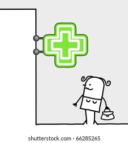 personajes de dibujos animados a mano - signo de consumidor y tienda - farmacia