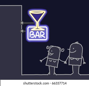 hand drawn cartoon characters - couple & shop sign - bar