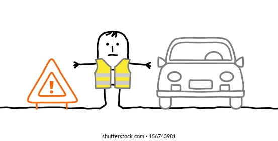Personagens desenhados à mão - homem com kit de segurança parado na estrada 