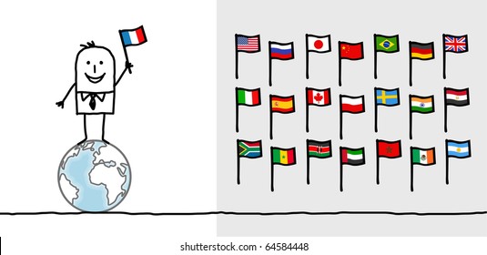 hand drawn cartoon characters - man & world flags