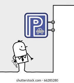 hand drawn cartoon characters - man & parking sign