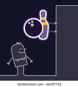 hand drawn cartoon characters - man & shop sign - bowling