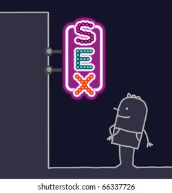 hand drawn cartoon characters - man & shop sign - sex shop